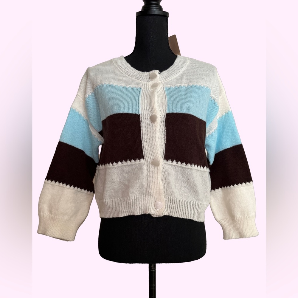 Button Front Color Block Knit Mid Length Sleeve Cardigan